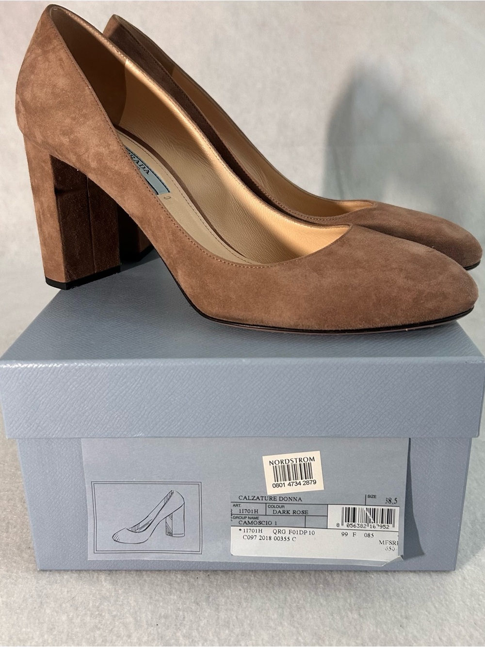 Authentic PRADA Calzature Donna "Dark Rose" Suede Block Heel Pumps - Size 38.5